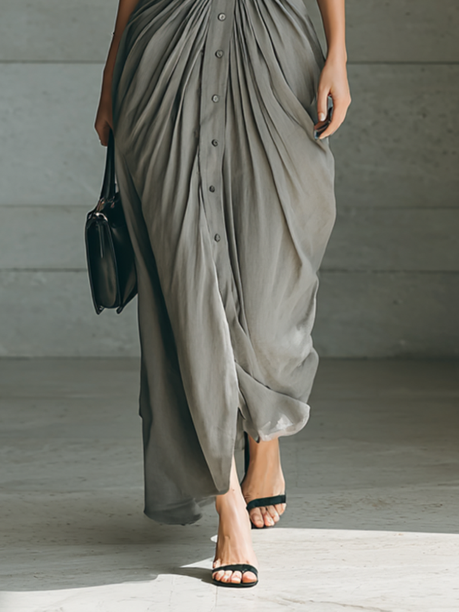 Vestido largo con cuello solapa y manga larga