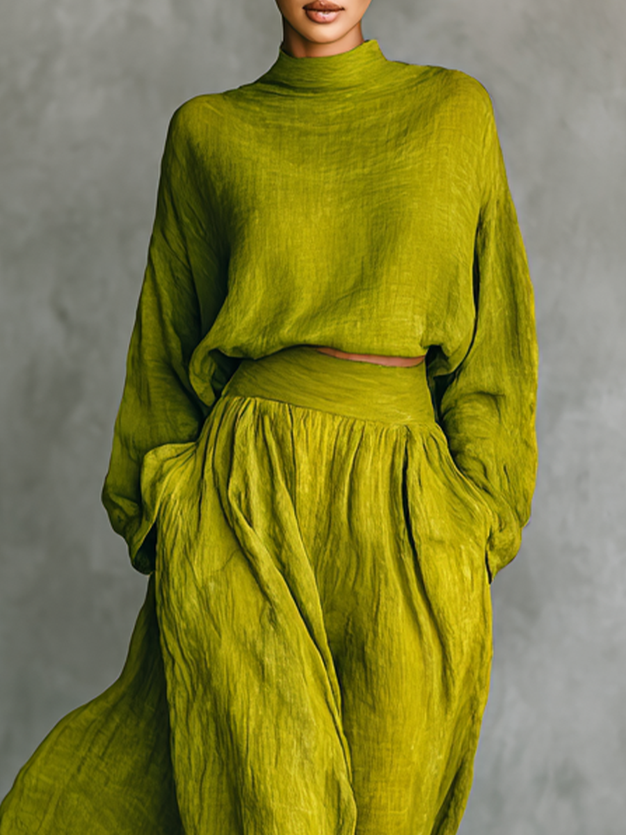 Traje de mujer verde en mezcla de algodón y lino