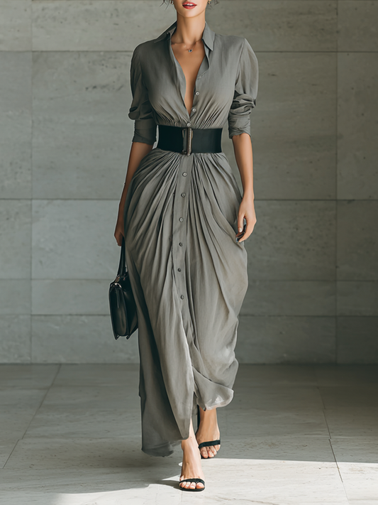 Vestido largo con cuello solapa y manga larga