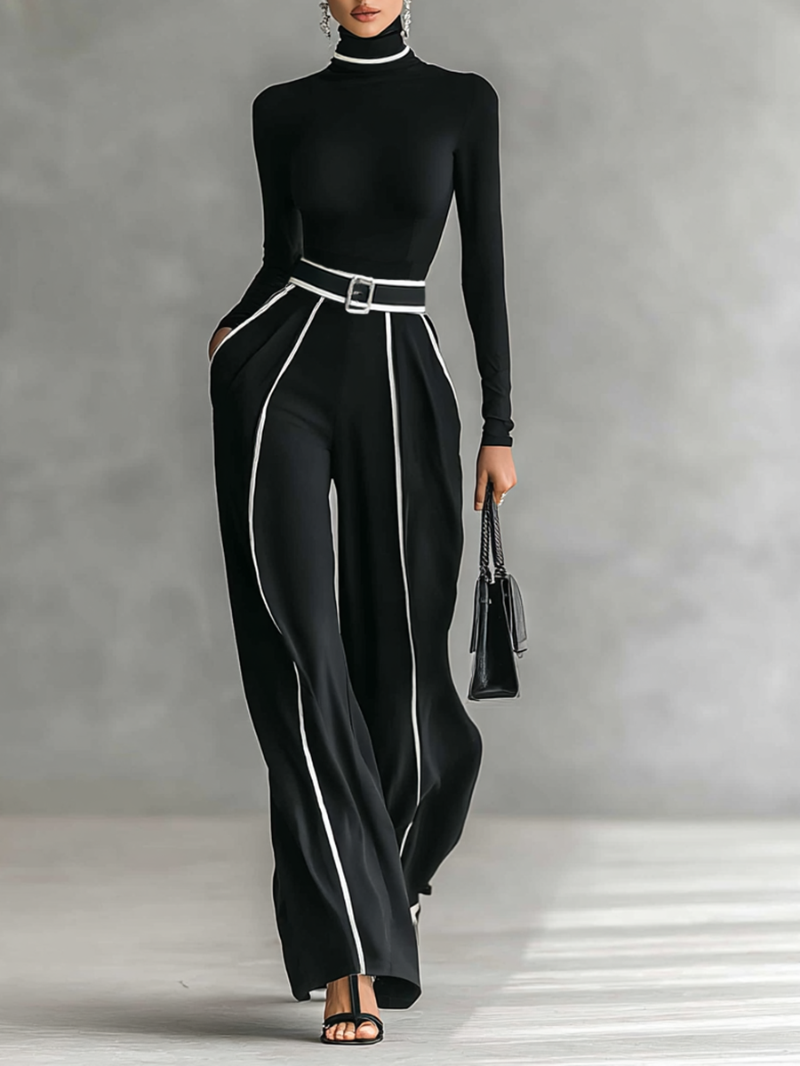 Conjunto de dos piezas con top de manga larga con cuello alto, pantalón y cinturón