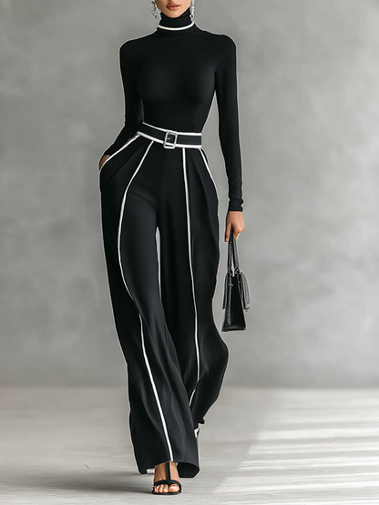 Conjunto de dos piezas con top de manga larga con cuello alto, pantalón y cinturón