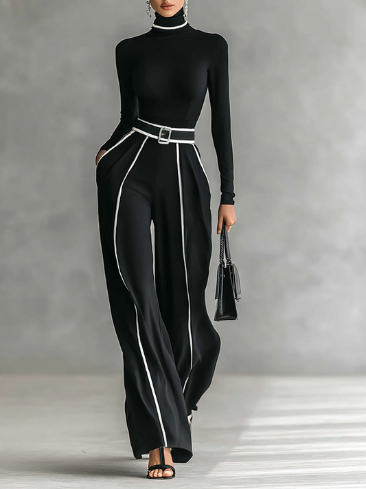 Conjunto de dos piezas con top de manga larga con cuello alto, pantalón y cinturón