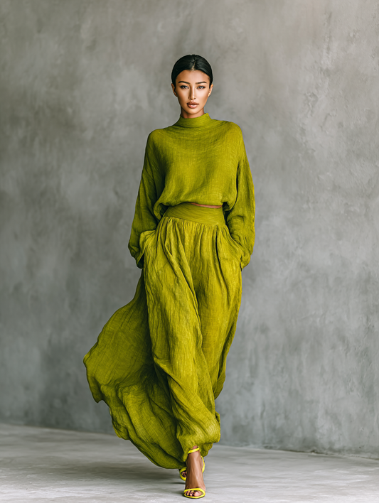 Traje de mujer verde en mezcla de algodón y lino