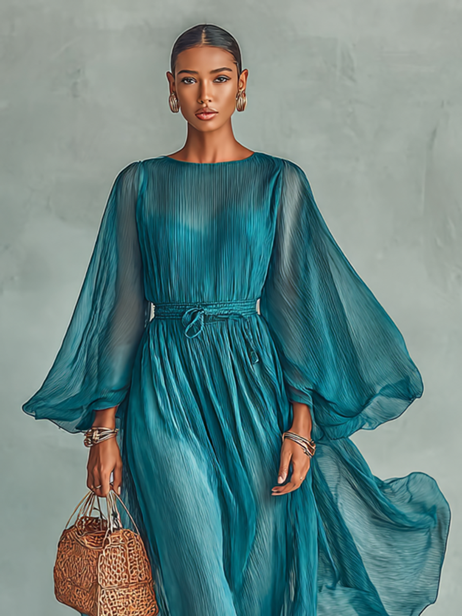 Vestido Maxi con Cuello Redondo y Manga Larga, con Cintura Ajustable