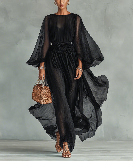 Vestido Maxi con Cuello Redondo y Manga Larga, con Cintura Ajustable