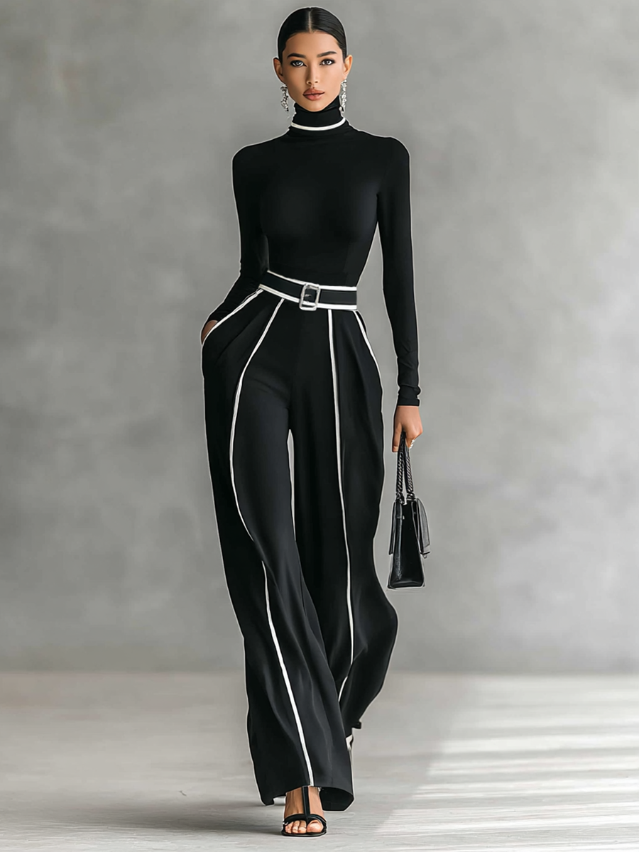 Conjunto de dos piezas con top de manga larga con cuello alto, pantalón y cinturón
