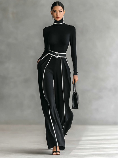 Conjunto de dos piezas con top de manga larga con cuello alto, pantalón y cinturón