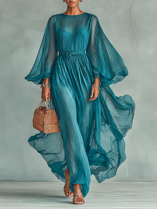 Vestido Maxi con Cuello Redondo y Manga Larga, con Cintura Ajustable