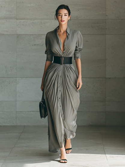 Vestido largo con cuello solapa y manga larga