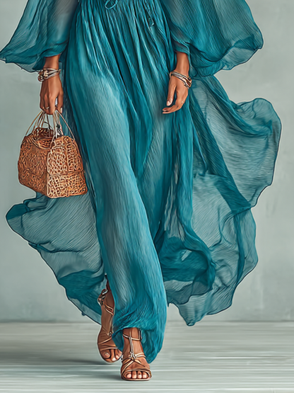 Vestido Maxi con Cuello Redondo y Manga Larga, con Cintura Ajustable