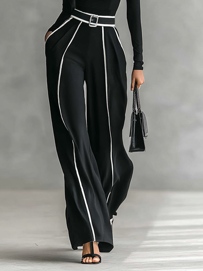 Conjunto de dos piezas con top de manga larga con cuello alto, pantalón y cinturón