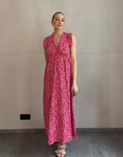 Mari Carmen | Vestido largo de leopardo con escote en la espalda
