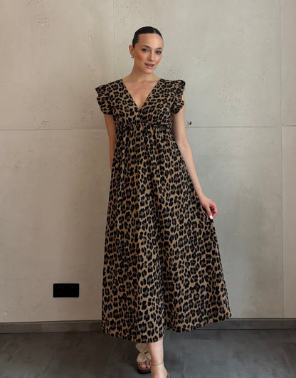 Mari Carmen | Vestido largo de leopardo con escote en la espalda