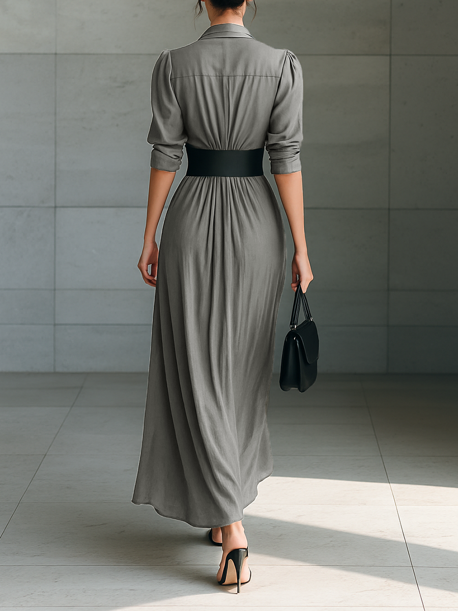 Vestido largo con cuello solapa y manga larga