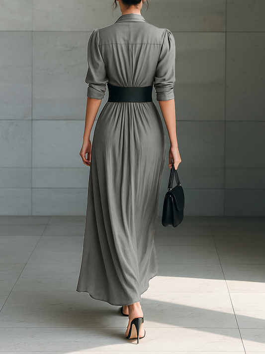 Vestido largo con cuello solapa y manga larga