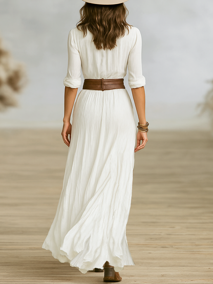 Carmen | Vestido Maxi Largo de Lino con Cuello Invertido