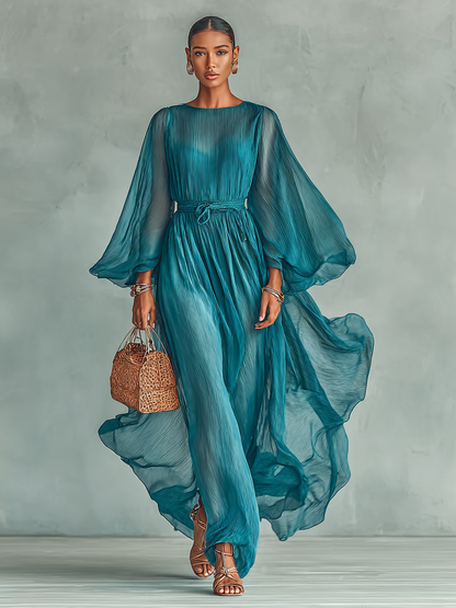 Vestido Maxi con Cuello Redondo y Manga Larga, con Cintura Ajustable