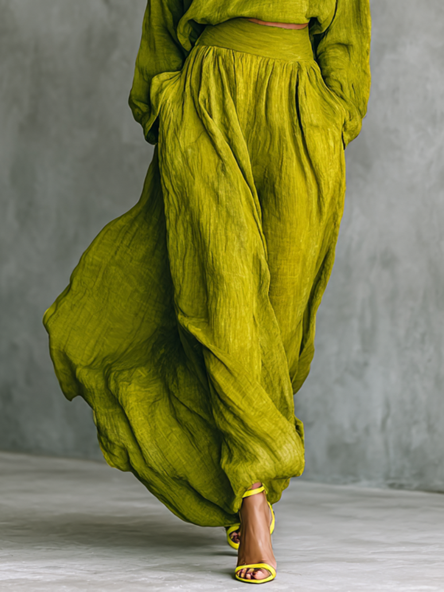 Traje de mujer verde en mezcla de algodón y lino