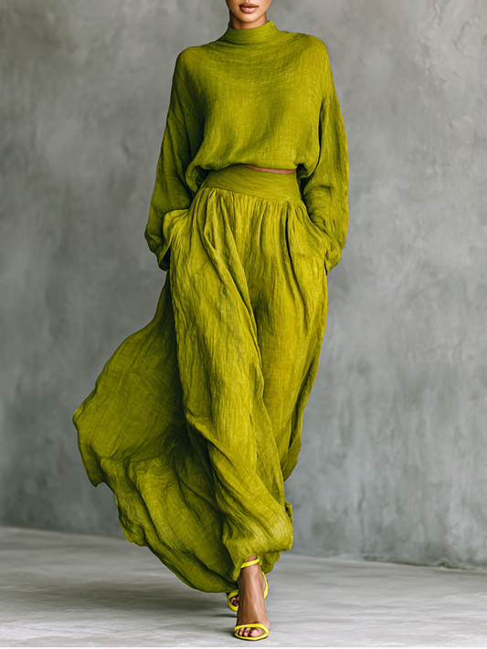 Traje de mujer verde en mezcla de algodón y lino