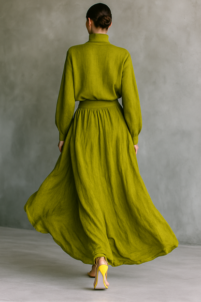 Traje de mujer verde en mezcla de algodón y lino